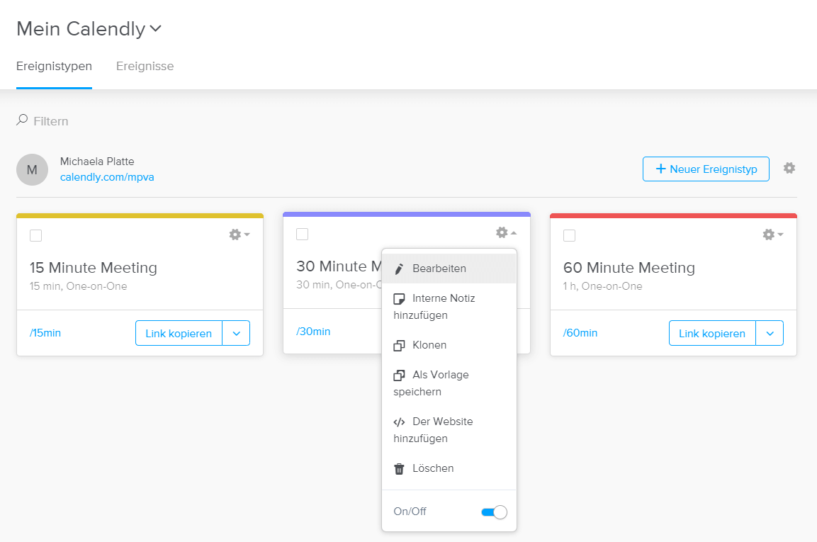 Anpassung Ereignistypen Calendly