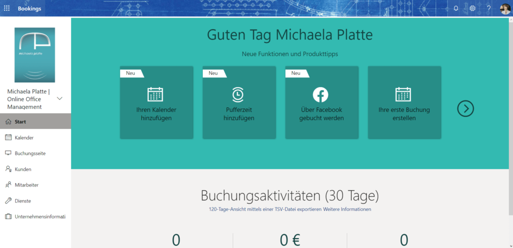 Termine online buchen mit MS Bookings, Startseite - virtuelle Assistenz