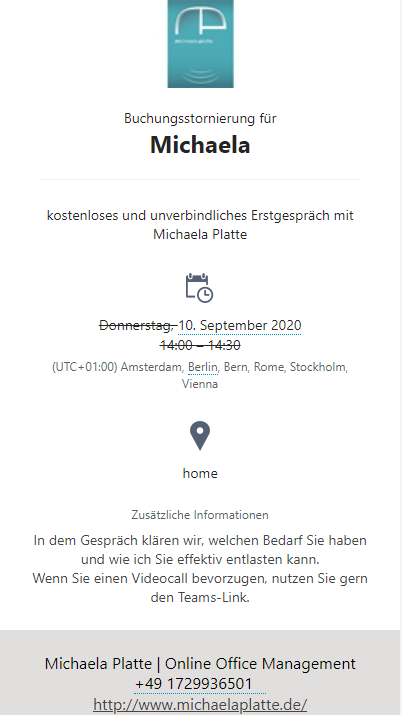 Termine online buchen mit MS Bookings, Stornomail - virtuelle Assistenz