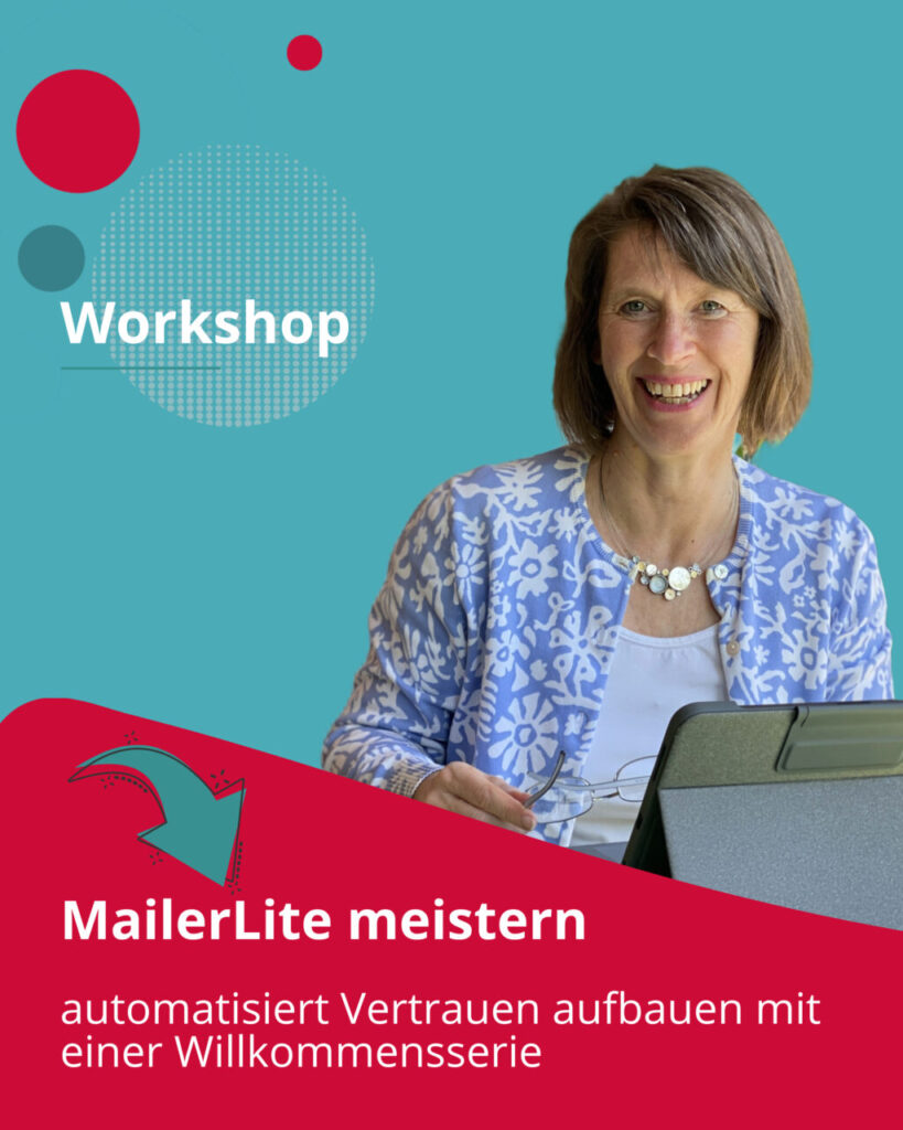 Michaela Platte am Tablet, Werbung für Workshop MailerLite