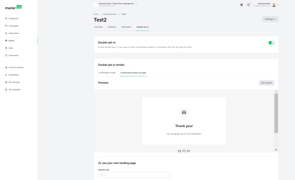 MailerLite Anmeldeformular Bestätigungsnachricht eigene URL